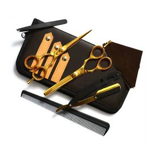 Ensemble professionnel de ciseaux de coiffure pour droitiers, finition dorée, lames en acier inoxydable, 28 dents, manche moyen, peigne noir pour - Product Image 1