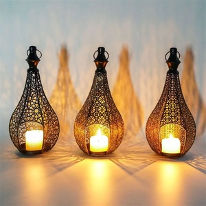 Moroccan Tear Drop Metal <b>Lanterns</b> Set Of 3 Intricate Cutout Design In Gold Copper & <b>Black</b> Finish For Exotic Home Decoration - Product Image 1