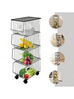 Ecologische, stevige metalen keukenkar met wielen en open opbergmanden voor fruit, groenten en flessen
