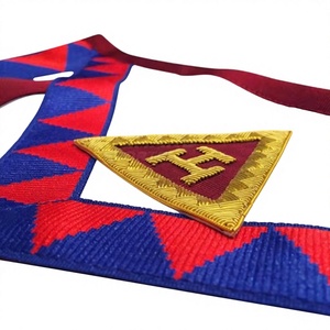 Embroidered Luxury Masonic Apron with Red Blue Geometric Pattern <b>Gold</b> Trim Customized Printing Safety Pin for Men - Product Image 6