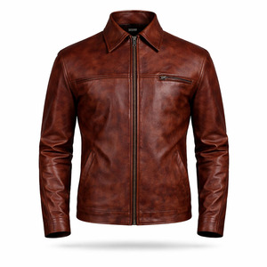 Unisex <b>Brown</b> Genuine <b>Leather</b> <b>Jacket</b> Slim Fit Turn-down Collar Zipper Closure Casual Autumn Wear Waterproof Breathable Windproof - Product Image 1