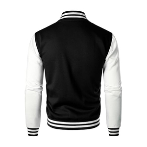 Custom Canvas Varsity <b>Jacket</b> Black Body <b>White</b> Sleeves Unisex Letterman <b>Jacket</b> Stand Ribbed Cuffs Hem Snap Button Baseball Coat - Product Image 3