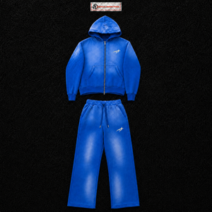 Conjunto Deportivo de Dos Piezas para Hombre, Sudadera con Capucha Azul Lavado y Cremallera Completa, Logotipo Personalizado, Estilo Urbano, Corte Holgado, Ropa Deportiva al por Mayor con Bolsillos - Product Image 5