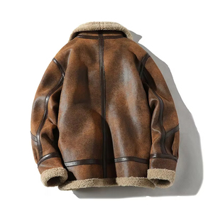 Veste en cuir marron pour homme, fausse fourrure de mouton, style BOMBER, veste de moto avec fermeture éclair, en cuir de vache respirant, doublure en laine - Product Image 2