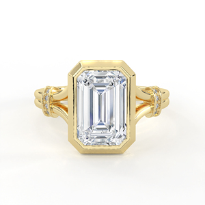 Ensemble de mariage en or jaune 14K 18K avec diamant de laboratoire taille ovale, bague solitaire entrelacée et alliance assortie micro-pavée Chevron V - Product Image 2