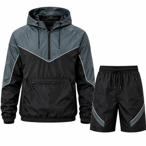 Grace Collection Men's Sporty Streetwear <b>Hooded</b> Quarter-<b>Zip</b> Jacket Shorts Set 300g Quick Dry Polyester Winter Outwear - Product Image 3