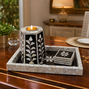 Luxury Mother of Pearl Inlay Serving Tray Set with Coasters | Resin Craft Ramadan Eid Home Decor Decorative Tableware <b>Gift</b> - Product Image 1