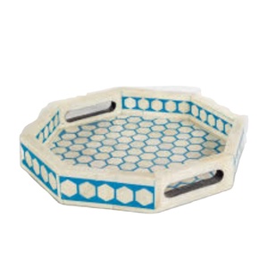 Bandeja hexagonal de lujo con incrustaciones de nácar, bandeja decorativa geométrica con incrustaciones de hueso en forma de panal para mesa de café y decoración del hogar. - Product Image 1