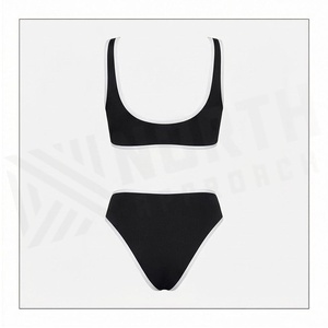 North Approach Women's <b>Black</b> <b>Bikini</b> Set Scoop Neck <b>Bandeau</b> <b>Top</b> With Contrast Binding Hipster Bottoms Solid Color Stretch - Product Image 2