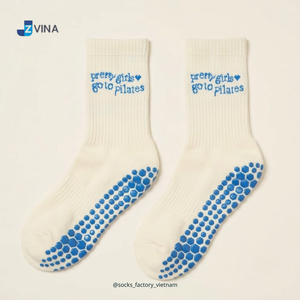 BSCI ODM <b>Custom</b> Women's Anti-Slip Cotton <b>Grip</b> <b>Socks</b> Blue Dotted Sole Home Yoga Pilates Crew Length with Letter Text - Product Image 2