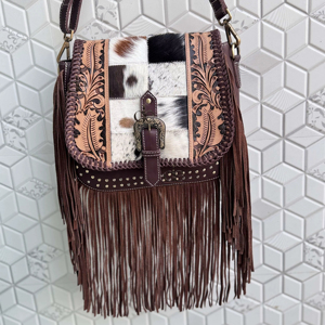 Bolso Bandolera de Cuero Auténtico con Flecos y Grabado a Mano, Estilo Bohemio Gitano, Novedad 2026, de Piel con Pelo, Hecho a Mano, Estilo Western - Product Image 1