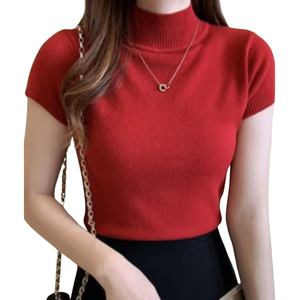 Suéter de manga corta ajustado para mujer, con cuello de botones, tejido acanalado, top básico informal, bordado frontal vintage de invierno, OEM ODM - Product Image 2