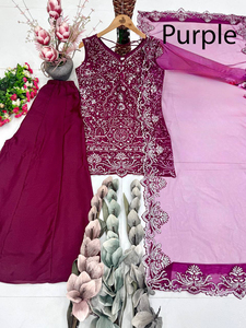 Traje Salwar Kameez Sharara de Georgette Rojo para Mujer al por Mayor con Dupatta de Organza y Adornos de Moti, Reversible, para Bodas de Invierno y Fiestas, Personalizable - Product Image 4