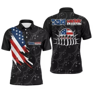 Custom Men's <b>Bowling</b> Polo Shirt Black American Flag Print Sublimation Short Sleeve Knitted Polyester Plus Size Team Name Design - Product Image 1