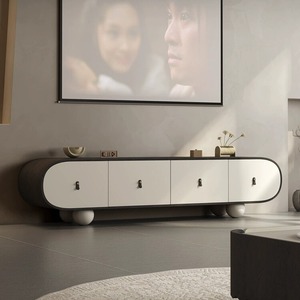 Meuble TV Blanc de Luxe Moderne avec Armoire en Bois Massif, Forme de Capsule Arrondie et Grandes Pieds Rondes pour Salon, Chambre, Appartement - Product Image 3