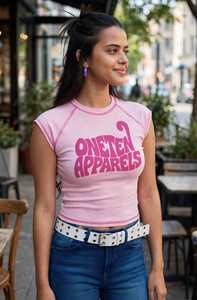 <b>Women's</b> Y2K <b>Pink</b> Cap Sleeve Crop <b>Top</b> Slim Fit Letter Print Crew Neck Jersey Tee - Product Image 6