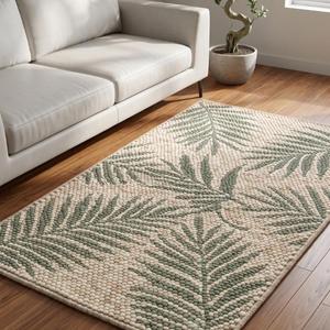 Tapis de sol moderne en laine beige crème et vert sauge, tissé à la main, texturé, antidérapant, à poils moyens, très demandé - Product Image 3