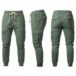 Pantalon de jogging cargo vert pour homme, taille élastique avec cordon de serrage, plusieurs poches, décontracté, en coton mi-lourd, style automne - Product Image 1