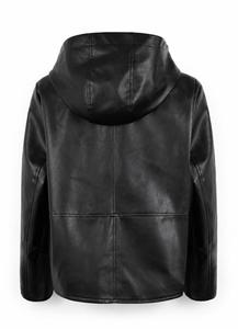 <b>Men's</b> Black PU Leather Hooded Bomber Jacket Waterproof Zipper Closure Front Logo Color Blocking Casual Short Sleeve Winter Wear - Product Image 2