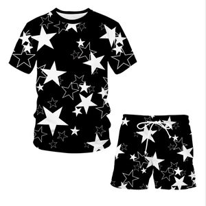 Conjunto Casual de Verano Unisex de 2 Piezas, Camiseta de Manga Corta con Cuello Cuadrado de Poliéster de Secado Rápido, Estampado Digital Brillante, Lavado Ácido, Color Sólido - Product Image 1