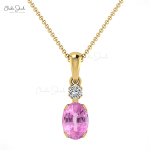 จี้เพชรทรงรีขนาด 7x5 มม. พลอยสีชมพูและเพชรล้อมรอบ ตัวเรือนทองคำแท้ 14K ผลิตตามสั่ง ขายส่ง - Product Image 1