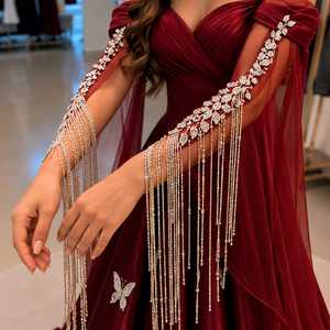 Luxury Burgundy Satin Floor-Length Ball Gown Women Designer Evening Party Dress Natural Watteau Train Butterfly Embroidery - Product Image 3