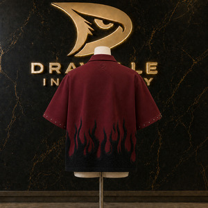 Men’s Oxblood Cropped Zip <b>Shirt</b>, Y2K Boxy Fit Tee with Black Chenille <b>Flames</b> & Silver Stud Cuffs - Product Image 2