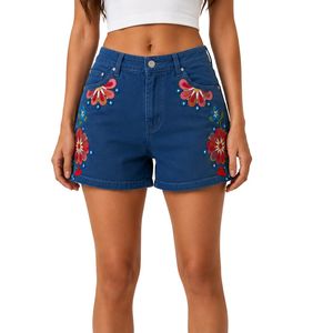 <b>Womens</b> Dark Blue Floral Printed Denim Shorts High Waist Casual Summer <b>Jean</b> Shorts Custom Embroidered Fashion OEM Manufacturer - Product Image 1