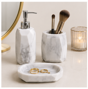 Ensemble d'accessoires de salle de bain hexagonaux modernes en marbre blanc, 3 pièces, distributeur de savon en pierre naturelle, porte-brosse à dents et porte-savon - Product Image 4