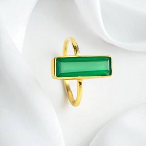 Green Onyx Birthstone Rectangle Bar Bezel <b>Rings</b> | Handmade Gold Plated Band <b>Rings</b> | Minimalist <b>Plain</b> Stackable Jewelry - Product Image 6
