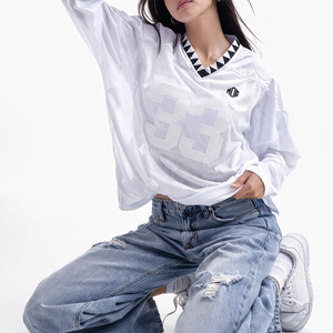 Jersey de Fútbol Americano Personalizado para Mujer, Manga Larga, Malla, Corte Holgado, con Parches, Transpirable, Poliéster, Ropa Deportiva, Suministro OEM - Product Image 6