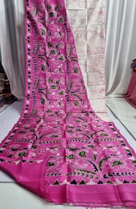 Sari de seda pura Bishnupuri con estampado tradicional para mujer, color rosa paisley, para usar en bodas y fiestas. - Product Image 4