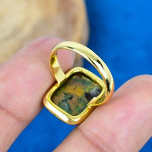 Bague en pierre précieuse de jaspe naturel en forme de coussin, faite à la main, plaquée or 18 carats sur argent sterling 925 - Product Image 4
