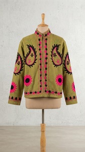 Veste en coton brodée Suzani vert olive pour femme, faite à la main, respirante, en tissu TNT, motif floral rose, style bohème ethnique, vente en gros, mode - Product Image 3