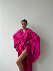 Fuchsia Satin <b>Loose</b> Fit Kimono Maxi Robe <b>Dress</b> with Wide Sleeves Deep V Neck Tie Waist Resort Beach Cover up Boho Evening Kaftan - Product Image 2