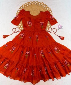 Vestido Largo Informal de Algodón Naranja para Mujer, Bordado, Estilo Étnico, para Fiestas, India, Pakistán, Todas las Temporadas, Secado Rápido - Product Image 3
