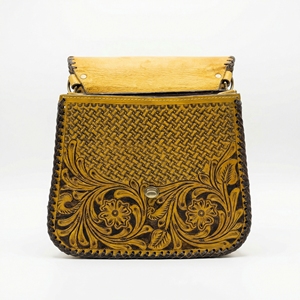 Bolso de Hombro de Cuero Genuino 100% para Mujer, Ligero, Amarillo y Negro, con Bordado Floral Tallado a Mano - Product Image 3