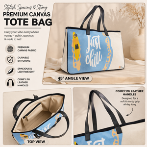 Eco Friendly <b>Canvas</b> Beach Tote <b>Bag</b> | Just Chill Print <b>Large</b> Capacity | Reusable Shopping Travel <b>Bag</b> PU Handle Shoulder Handbag - Product Image 4