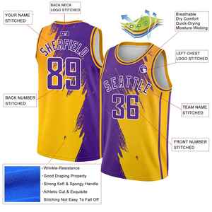 Maillot de basketball personnalisé sublimé violet et jaune en mesh, débardeur unisexe pour adulte, avec impression du nom et du numéro de l'équipe, vêtement de sport respirant - Product Image 2