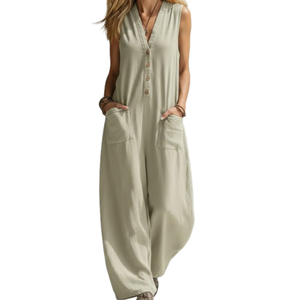 Combinaison décontractée haut de gamme pour femme, 60/40 lin/coton, boutonnée, brodée, tie-dye, taille haute, doublure douce et respirante pour l'été - Product Image 1