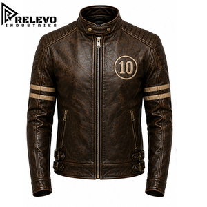 Premium Quality Brown <b>Leather</b> Biker <b>Jacket</b> for <b>Men</b>, Classic Café Racer Outerwear with Chest Emblem and Side Adjusting Buckle - Product Image 1