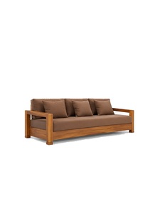 Canapé d'extérieur moderne en teck massif, trois places, coussins marron, mobilier de jardin durable avec pieds en bois - Product Image 3