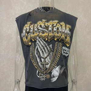 เสื้อยืดคอกลมพิมพ์ลายกราฟิกขนาดใหญ่ 100% ผ้าฝ้าย พิมพ์ลายแบบ DTG ทรงจั๊มโบ้ แขนกุด สีซีดแบบซันเฟด ล้างสีแบบแอซิดวอช แต่งหมุด - Product Image 1