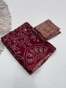 Ensemble de robe traditionnelle en soie douce Gajji marron, brodée, réversible, infroissable, avec travail miroir, pour femmes, Inde, Pakistan, mariage - Product Image 1