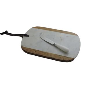 Planche à découper pour les légumes avec ceinture en cuir, outil de cuisine, design de luxe, cadeau en pierre de marbre et bois d'acacia, jeu de couteaux - Product Image 1