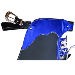 Chaps de Rodeo Style Western en Cuir de Vachette Taille Haute à Motif Géométrique Noir avec Bordure à Pompons Bleu Métallisé pour l'Équitation - Product Image 2