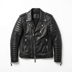 Chaqueta de Motociclista de Cuero Genuino para Hombre, Corte Ajustado, Color Negro, Cuello Camisero, Cierre de Cremallera - Product Image 1