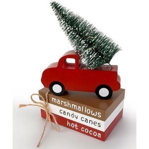 Decorazioni Natalizie da Interno: Pila di Libri in Legno Illuminata a LED, Camion Rosso, Insegne Natalizie, Centrotavola per la Tua Casa Festiva - Product Image 1