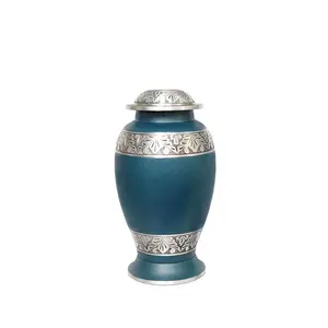 Durable Brass Funeral Supplies Antique Cremation Urn Plain Blue Cremation Urns with Silver Flying Butterfly for Adults Remains