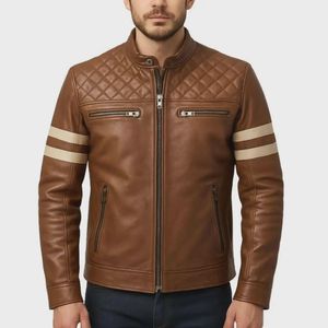 Blouson aviateur en cuir PU marron pour homme, col rabattu, fermeture éclair, vêtement décontracté pour l'automne - Product Image 2